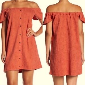 MADEWELL Burnt Orange Rust Off The Shoulder Textured Button Front Dress Size XXS